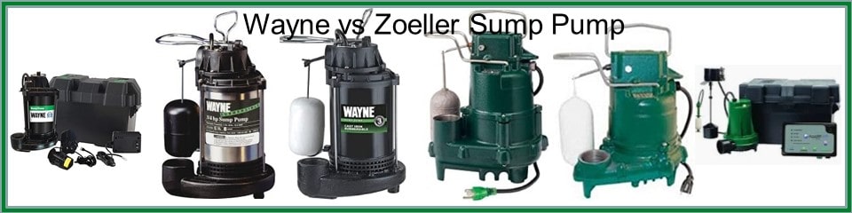Pictured are Waynes and Zoeller Pump Company Sump Pumps. Look at Wayne vs Zoeller sump pumps and see the difference. 
